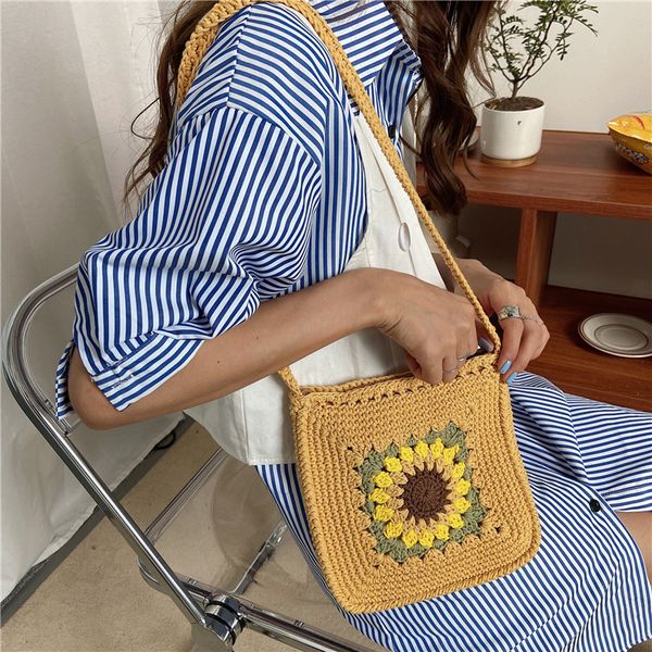

summer fashion sunflower women handmade knitted bag vintage hollow woven ladies crossbody bags girls small square shoulder bag