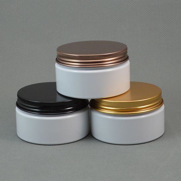 50 pçs / lote 100ml branco plástico jarro cosmético frasco recarregável garrafa de ouro preto bronze bronze tampa de alumínio 100g creme recipiente