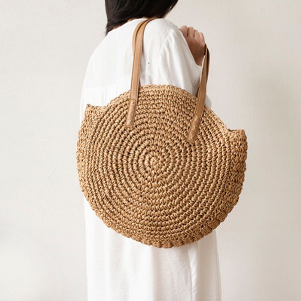 

round straw beach bag vintage handmade woven shoulder bag raffia circle rattan bags bohemian summer vacation casual bags