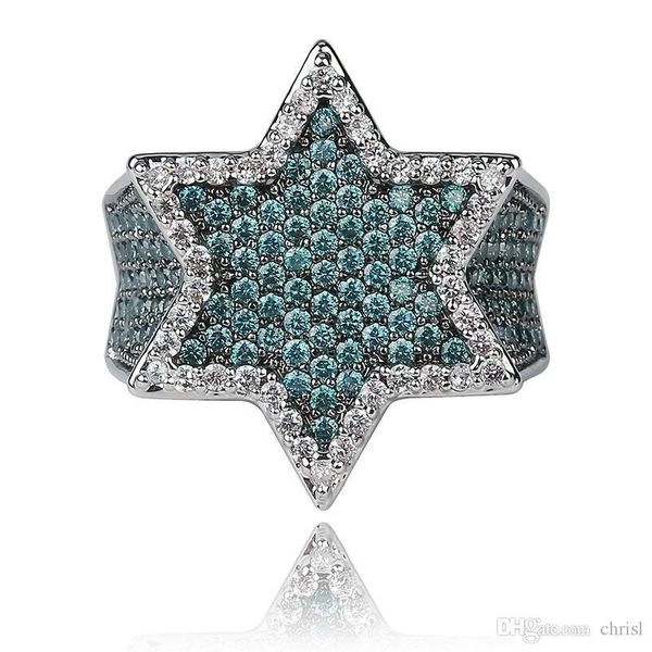 

new iced out full cubic zircon franklin mint green gemstone men's hexagonal star gold ring hiphop jewelry gift, Silver
