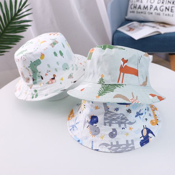 

children's boy and girl hats 2020 spring and summer new cartoon dinosaur basin caps baby big along fisherman bucket sun hat, Yellow
