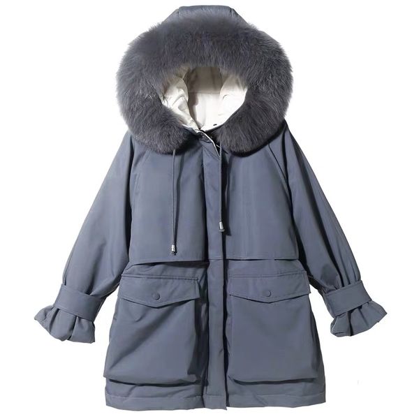 

large natural fur hooded winter jacket women 90% white duck down thick parkas warm sash tie up snow coat, Black