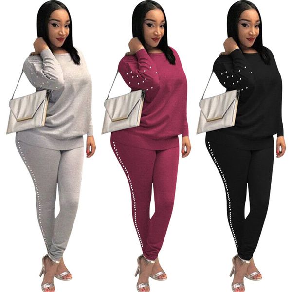 

solid color womens two piece pants with beading fall winter long sleeve tshirts and pencil pants casaul women 2 piece outfit, White