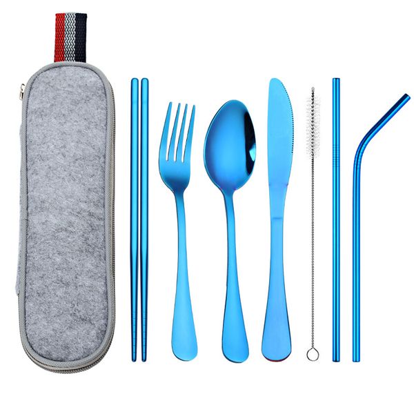

stainless steel flatware set portable cutlery set for outdoor travel picnic dinnerware set metal straw with box and bag kitchen utensil cc