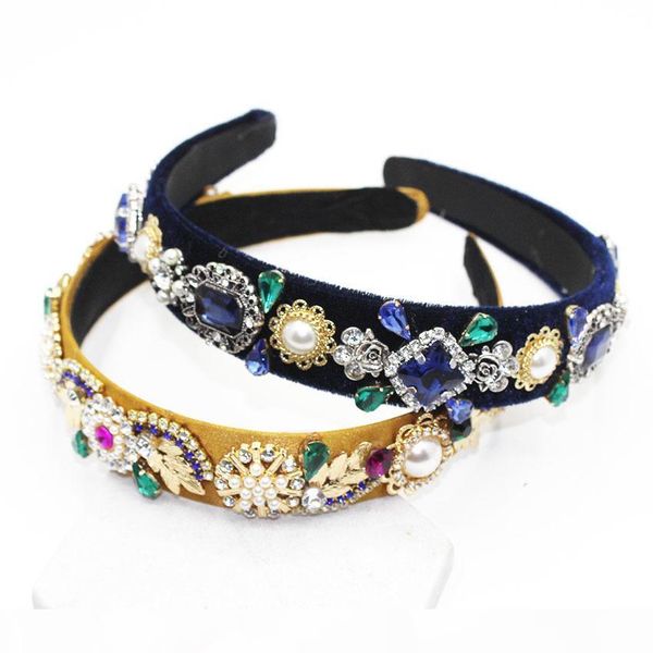 

fashionable pearls rhinestone retro palace baroque headdress crown luxury velvet hairband card 1425 j190701, Golden;white