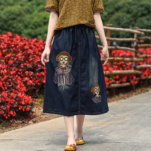 

elastic waist below knee embroidered patchwork denim skirts for women, Black
