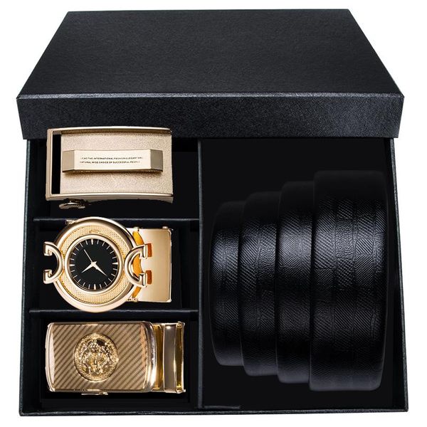 

hi-tie 2019 new box belt men cowhide genuine leather men s belt fashion gold buckle belts01, Black;brown