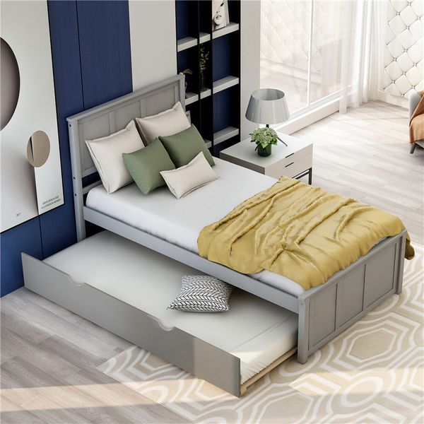 

us stock platform bed with twin size trundle twin size frame gray fast shipping