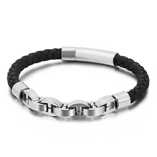 

european and american men's titanium steel bracelet fashion trend braided leather bracelet, Black