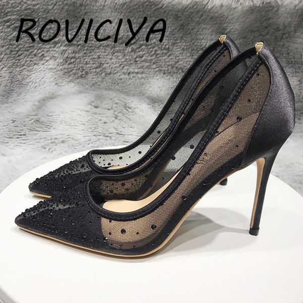 

transparent grenadine pumps diamond 12cm high heel nightclub pointed toe woman party shoes rhinestone sj001 roviciya, Black