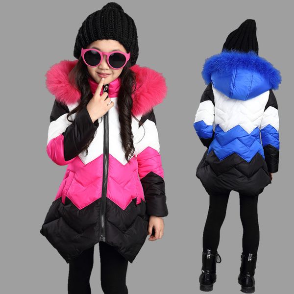 

winter warm faux fur kids hooded jacket long for outerwear clothes autumn girls 3-12yrs kg-135, Blue;gray