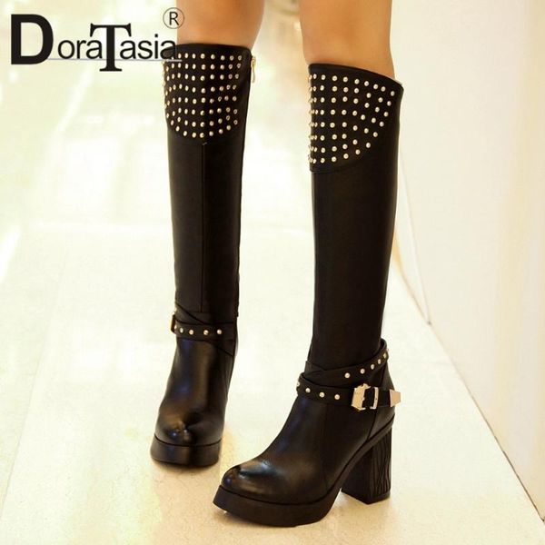 

doratasia new female genuine leather boots rivet chunky high heels knee high boots women 2020 platform buckle shoes woman, Black