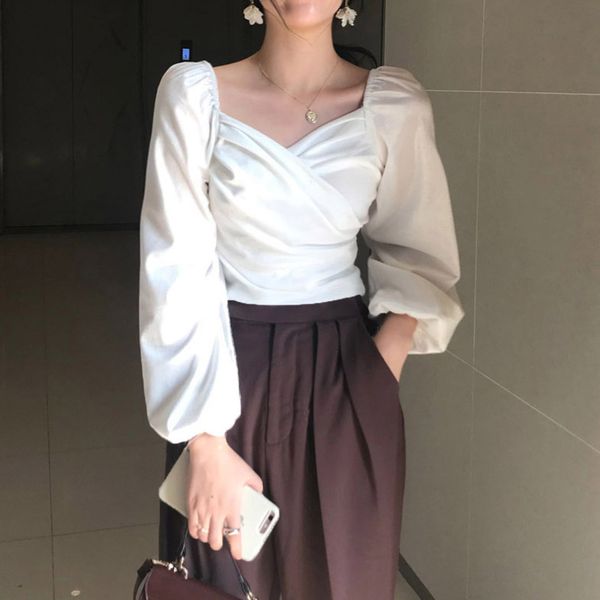 

fluwelen v-hals vrouwen blouses solid geplooide lantaarn mouwen blusas mujer korte kantoor dame 2020 lente shirts, White