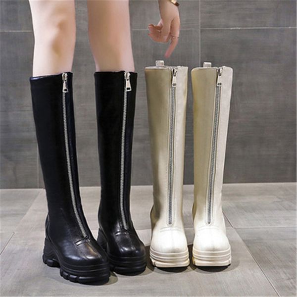 

women's fashion shoes high boots leather hidden heels women knee-high boots fashion zip female long boot women warm winter shoes, Black