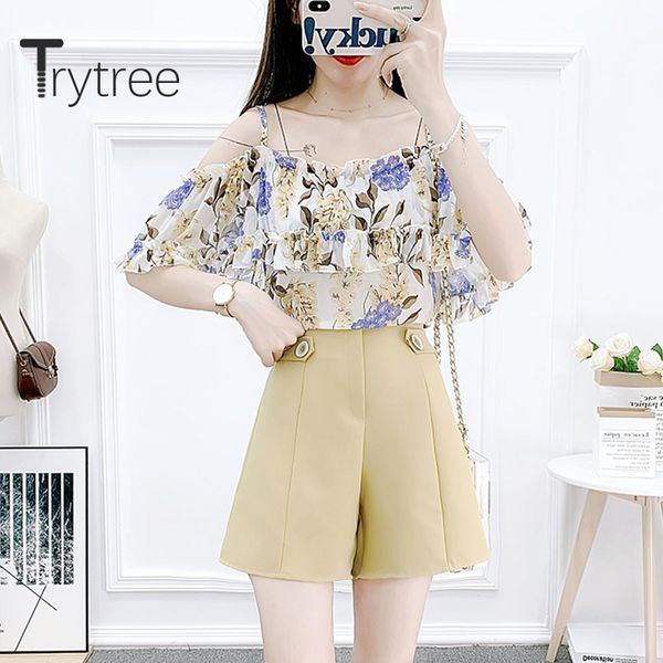 

trytree 2020 summer two piece set casual ruffles print strapless + short solid wide leg pants fashion set 2 piece, Gray