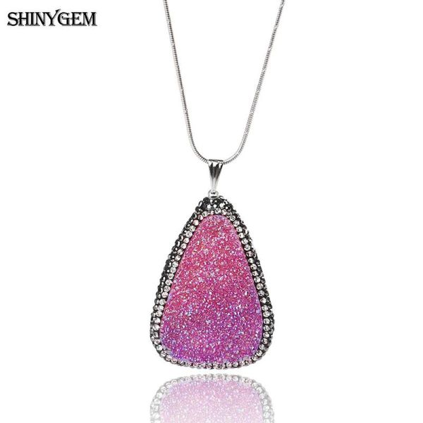 

shinygem 32*46mm water drop shape rose pink druzy pendant necklaces cubic zircon wrapped big natural stone necklaces for women, Silver