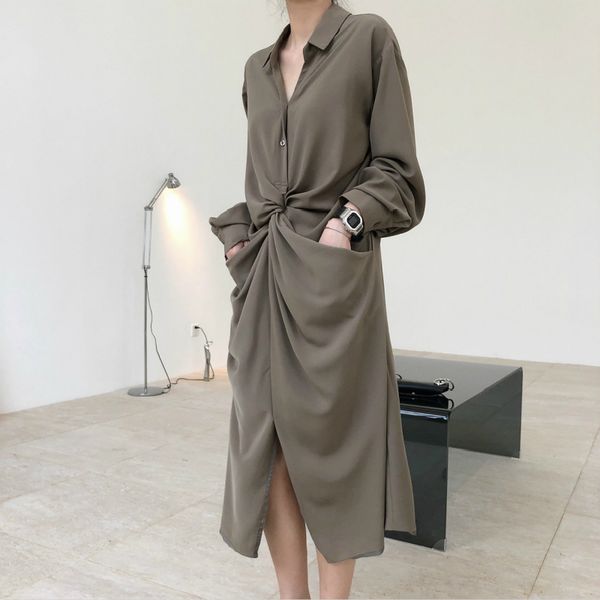 

2020 autumn new style blogger's fashionable temperament knot bow single breasted long sleeves stright women dress, Black;gray