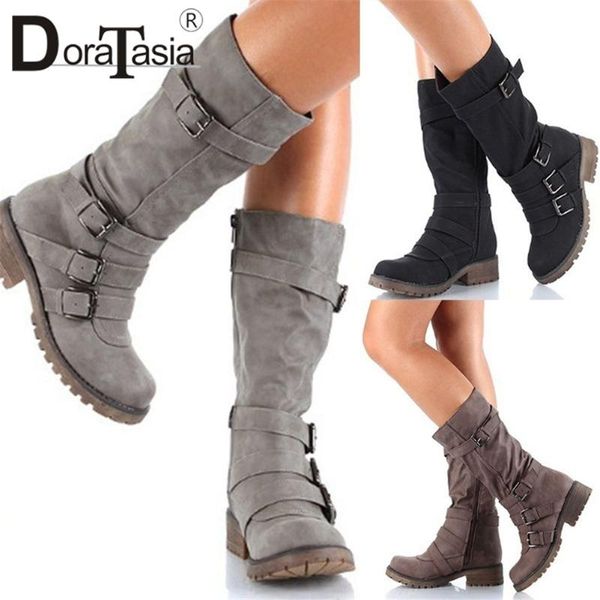 

boots doratasia classic ladies autumn pleated platform low chunky heels women retro heeled mid-calf shoes woman, Black
