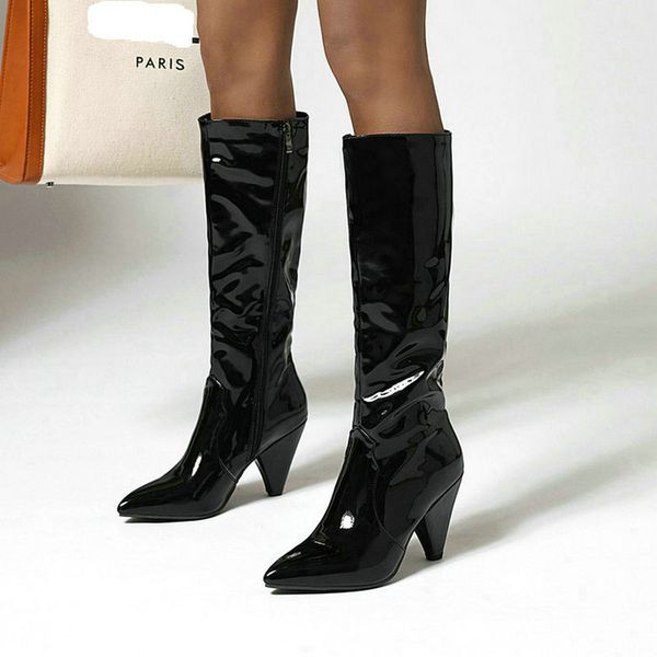 

2020 fashion women knee high boots pu leather spike heels long boots pointed toe zipper autumn winter ladies shoes black