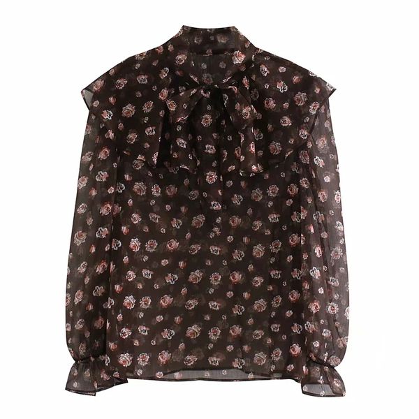 

2020 women's blouses shirts summer designer clothing crew long sleeve summer new women's fashion with thin, flower print shirt, White