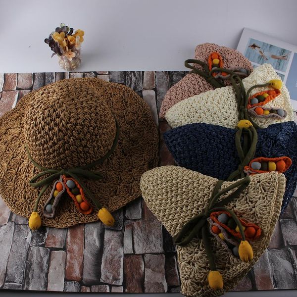 

wide brim hats korean version of folding hand woven large egde straw hat women summer beach vacation sun protection, Blue;gray