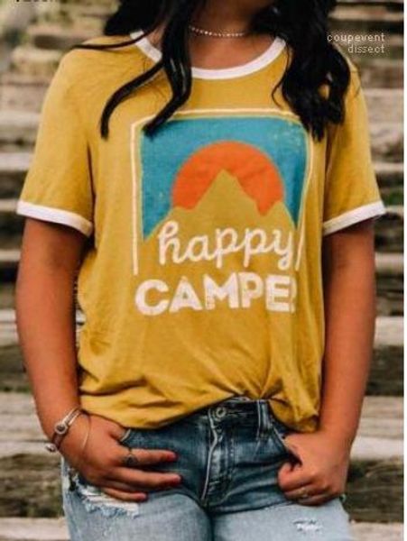 

beach o-neck short sleeved yellow holiday tees happy camp summer tshirts women casual, White