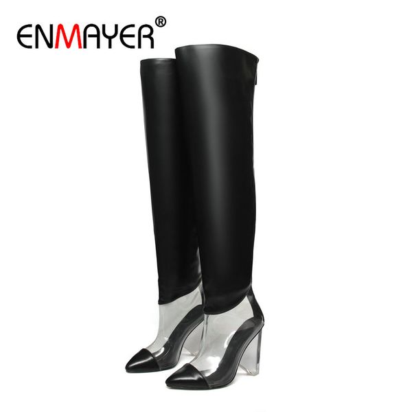

enmaer 2020 strange style heels slip-on fashion over the knee boots pointed toe patchwork pu winter shoes women size 34-43, Black