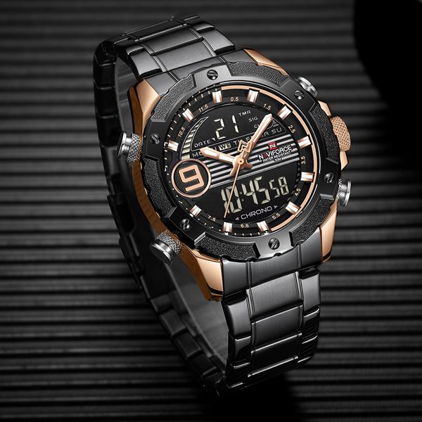 

naviforce waterproof watches men luminous display quartz wristwatch male luxury stainless steel clock relogio masculino, Slivery;brown
