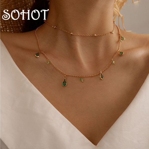 

chokers so european double layer imitation crystal tassel green water drop pendant women choker necklace chic round clavicle chain, Golden;silver