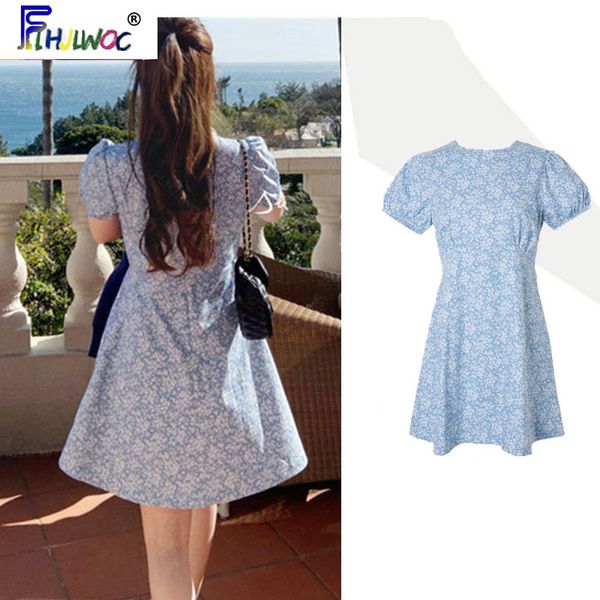 

2020 cute korean chic dresses design women flhjlwoc style holiday date floral print blue o neck pastoral sweet dress, Black;gray