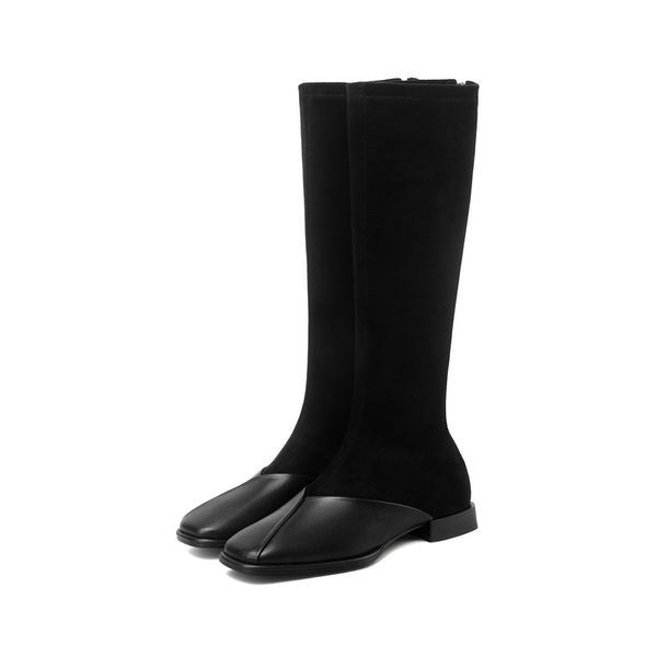 

patchwork genuine leather women knee high boots autumn low heels winter boots women shoes elegant size 34-43, Black