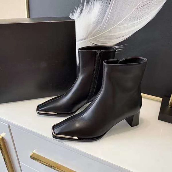 

vallu 2020 autumn and winter new full cowhide plain noodle casual fashion square head iron decorative beauty short boots, Black