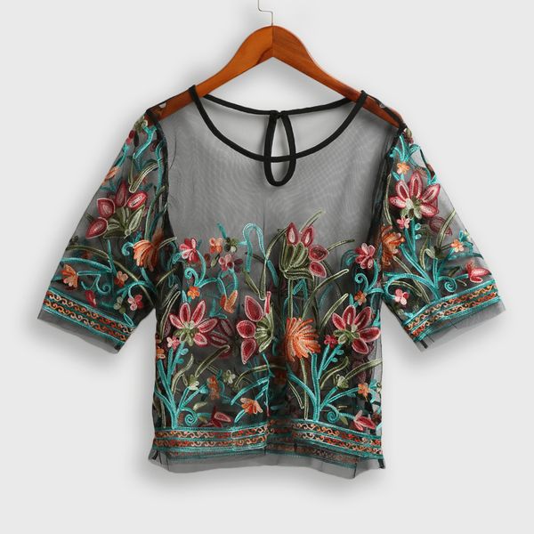 

women see through blouse transparent mesh floral embroidered half sleeves sheer 3xl 5xl plus size shirts female tunic black, White