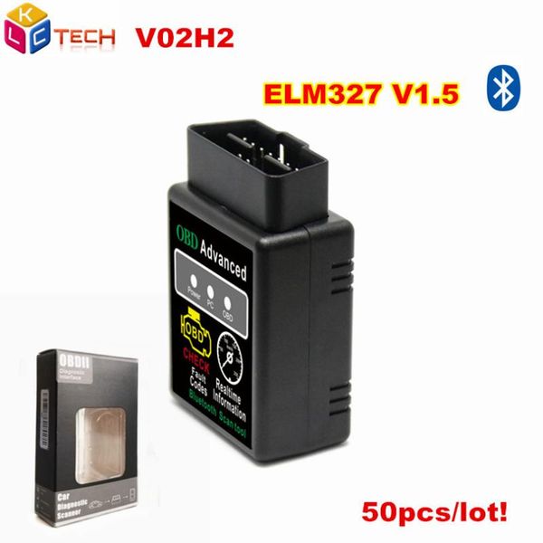 

50pcs v02h2/v02h2-1 pic25k80 elm327 v1.5 bluetooth obd2 elm 327 v 1.5 obdii code reader diagnostic tool mini scanner obd 2 car