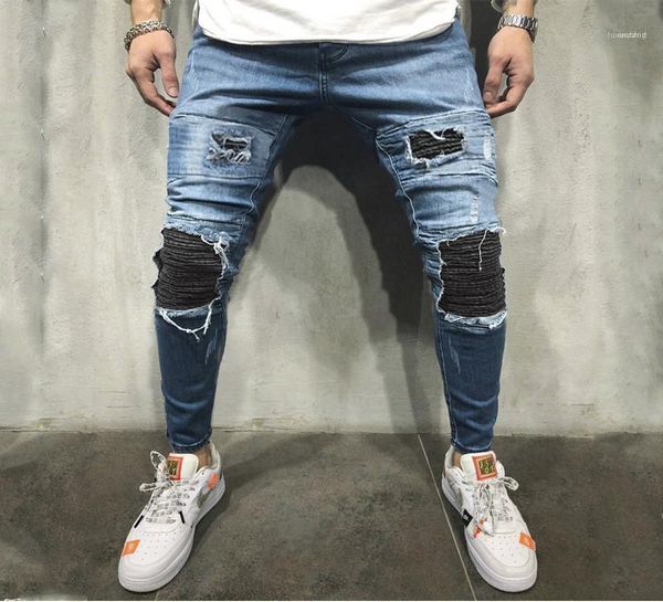 

old school high fashion regular jeans designer knee holes mens jeans distrressed pencil pants casual skinny, Blue