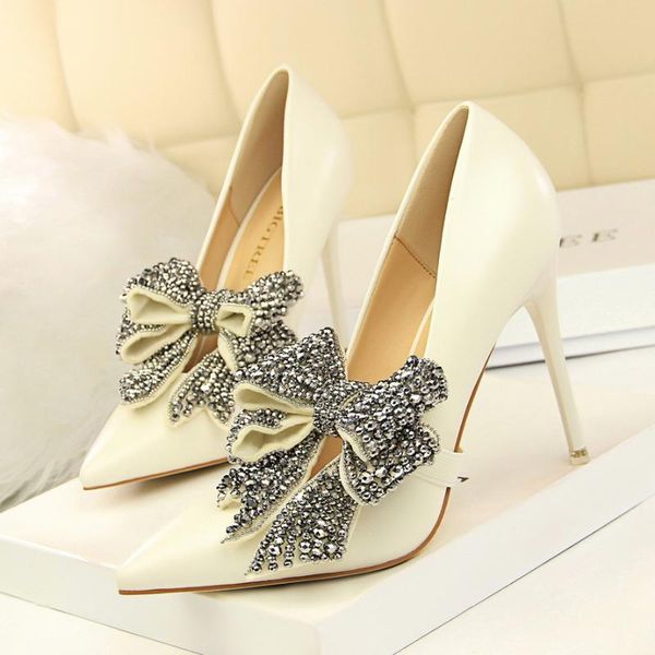 

bigtree butterfly-knot thin high heels luxury crystal wedding shoes autumn pointed fashion women pumps pu leather shallow shoes, Black