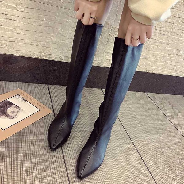 

fashion pointed toe pu leather knee high boots women comfortable flat heel elastic long boots woman slip on botas mujer, Black