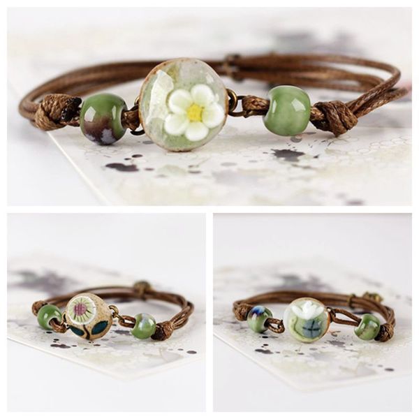 

vintage ethnic style jewelry simple personality ceramic flower hand-woven bracelet fashion girl student accessories gift, Red;blue