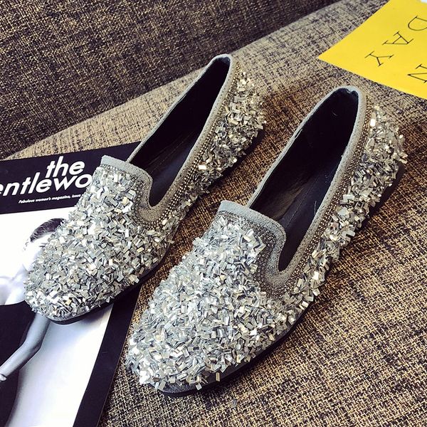 

2020 spring new women's shoes fashion water drill sequins show thin casual flat shoes one foot lazy loafers ventilation, Black