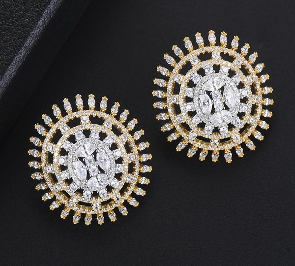 

round hollow full micro cubic zirconia stud earrings for women fashion engagement party jewelry boucle d'oreille femme11, Golden;silver