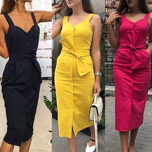 

casual dresses long solid dress with belt vintage button front sleeveless holiday beach slim vestidos verano 2021, Black;gray