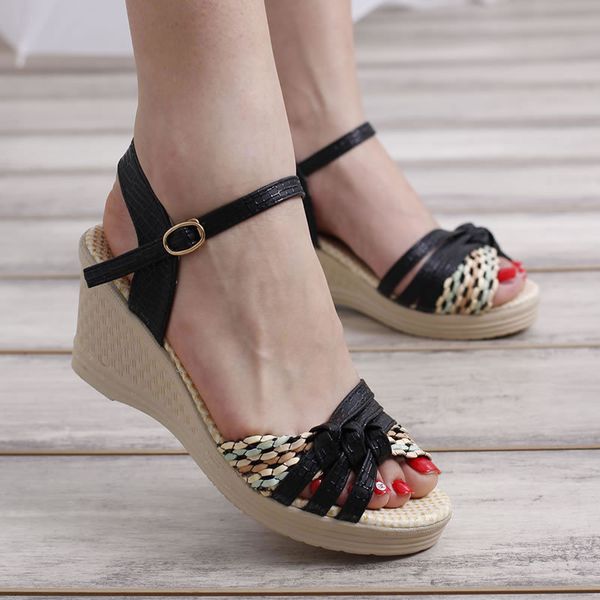 

open toe fashion shallow platform wedges women sandals basic solid women shoes high buckle strap front rear strap summer sandals, Black