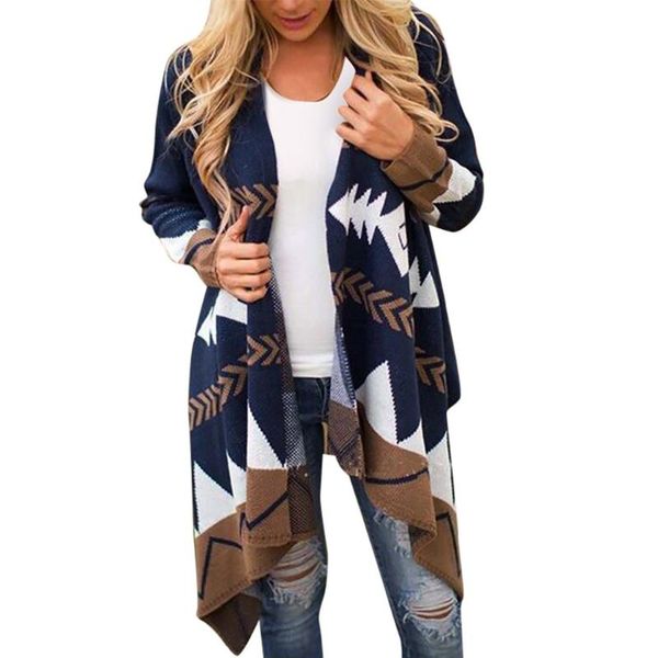 

women's wool & blends winter women multicolor print ethnic knit cardard long sleeve irregular coat, Black
