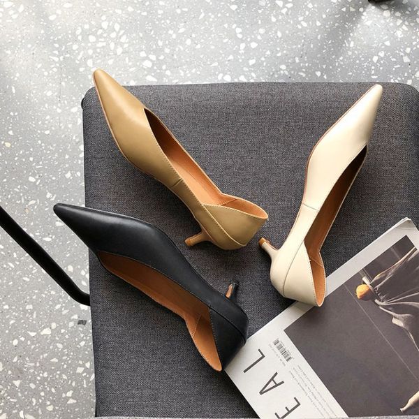

2020 simple and versatile pointed toe thin heeled single shoes light mature female spool heels women's genuine leather shoes, Black
