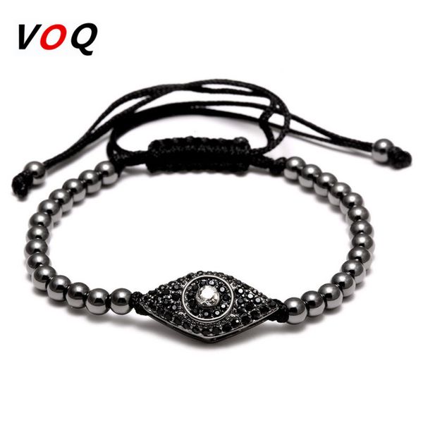

fashion style braided macrame bracelet men jewelry pave cz evil eye connector with 4mm round beads bracelets for women gifts, Golden;silver