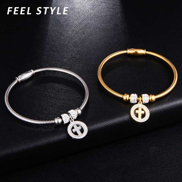 

bling rhinestone round cross pendant bangle with magnetic buckle bracelets for women fashion jewelry gift, Black
