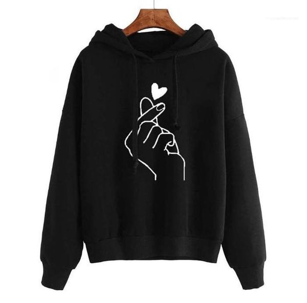 

sleeve pocket sweatshirts woman fashion pluse size loose clothes womens hand heart spring hoodies woman hooded neck long, Black