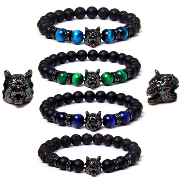 

men metal 3d wolf head bead charm elastic bracelet homme brave kucky black natural tiger eye lava beaded bracelet jewelry gifts