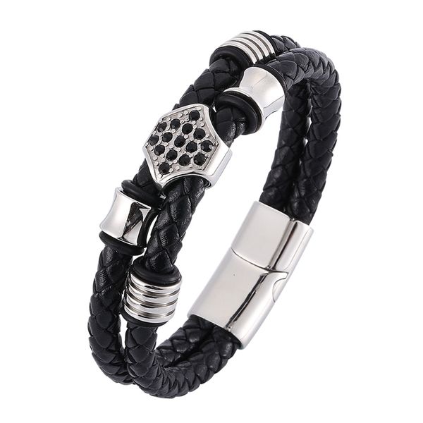 

male jewelry punk double layer black braided leather men bracelet stainless steel magnetic clasp fashion bracelet c0336, Golden;silver