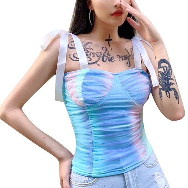 

women's tanks & camis tie-dye colorful bustier up shoulder fixed bust curve corset tight crop sleeveless square collar ladies clubwear, White